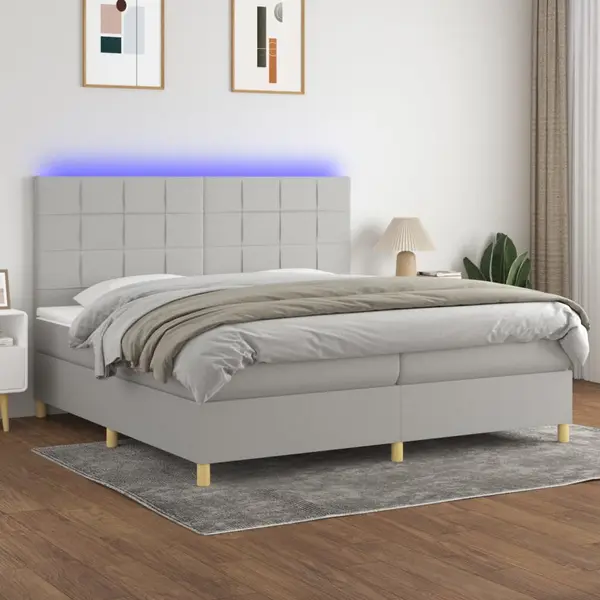Gossi pat cu arcuri, saltea si led, gri deschis, 200x200 cm, textil