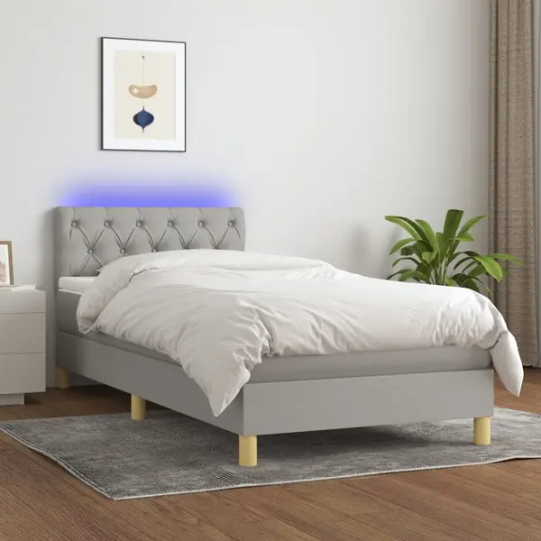 Gossi pat cu arcuri, saltea si led, gri deschis, 80x200 cm, textil