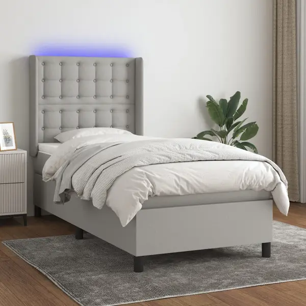 Gossi pat cu arcuri, saltea si led, gri deschis, 80x200 cm, textil