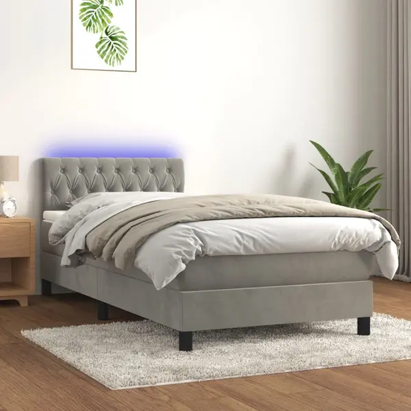 Gossi pat cu arcuri, saltea si led, gri deschis, 90x190 cm, catifea