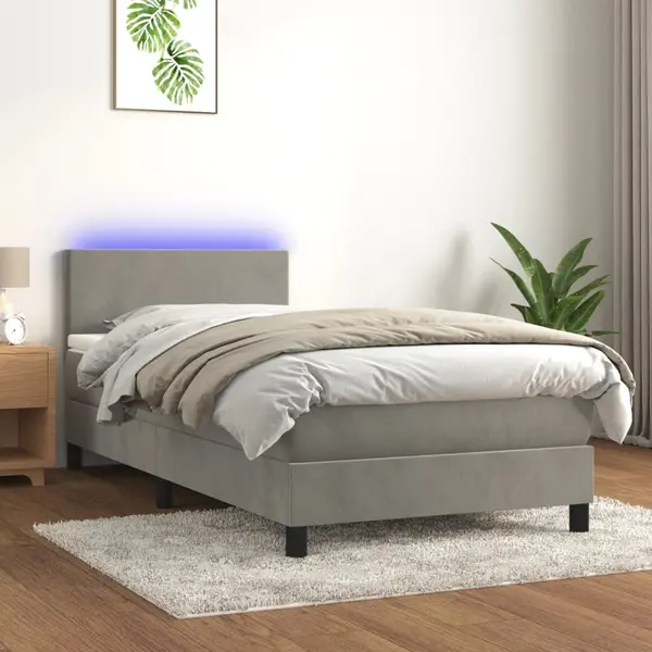 Gossi pat cu arcuri, saltea si led, gri deschis, 90x190 cm, catifea