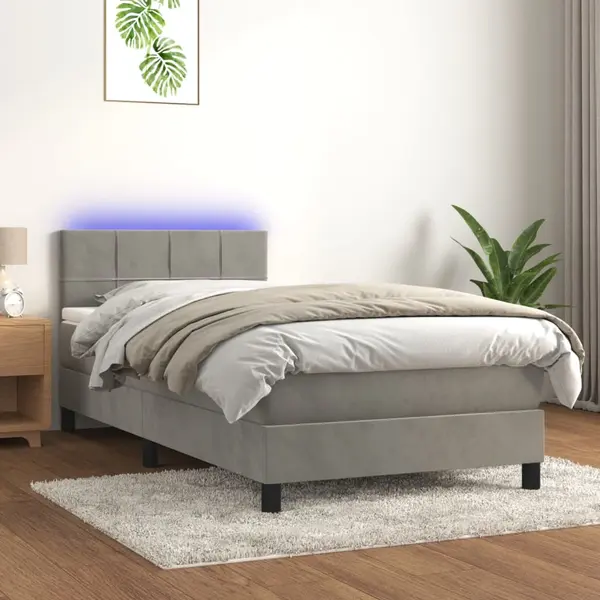 Gossi pat cu arcuri, saltea si led, gri deschis, 90x190 cm, catifea