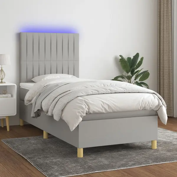 Gossi pat cu arcuri, saltea si led, gri deschis, 90x190 cm, textil