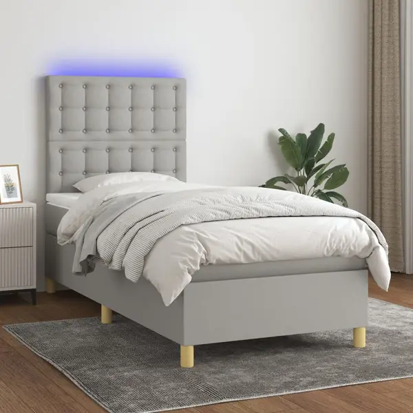 Gossi pat cu arcuri, saltea si led, gri deschis, 90x190 cm, textil