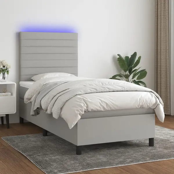 Gossi pat cu arcuri, saltea si led, gri deschis, 90x190 cm, textil
