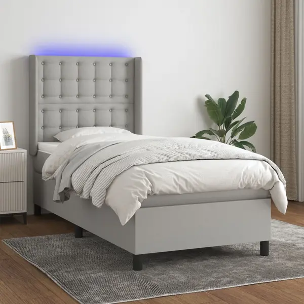 Gossi pat cu arcuri, saltea si led, gri deschis, 90x190 cm, textil