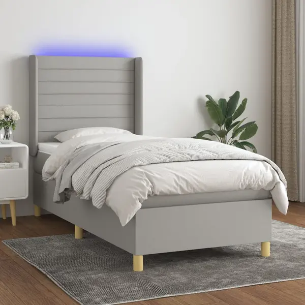 Gossi pat cu arcuri, saltea si led, gri deschis, 90x190 cm, textil
