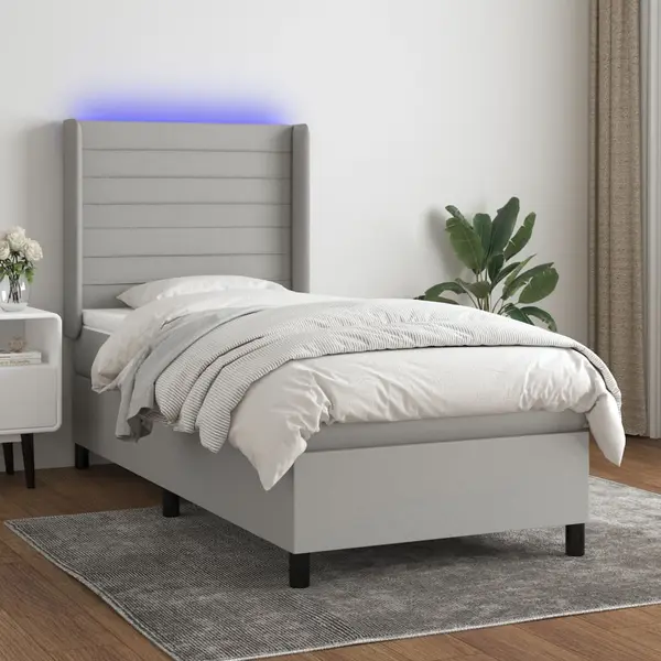 Gossi pat cu arcuri, saltea si led, gri deschis, 90x190 cm, textil