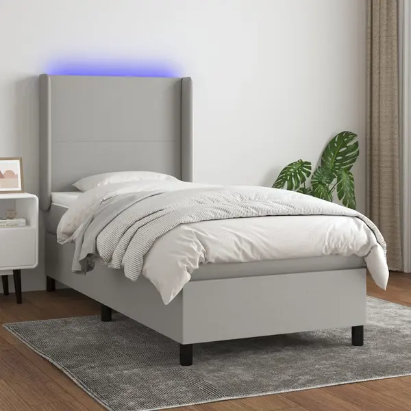 Gossi pat cu arcuri, saltea si led, gri deschis, 90x190 cm, textil