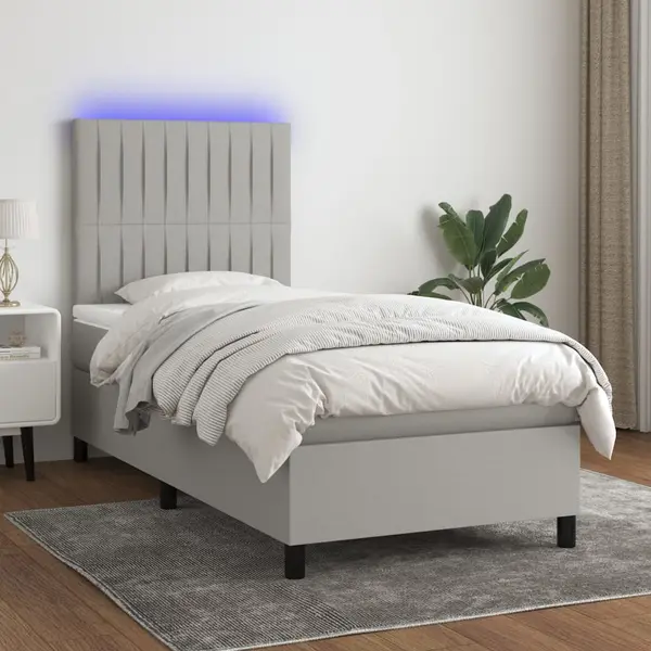 Gossi pat cu arcuri, saltea si led, gri deschis, 90x190 cm, textil