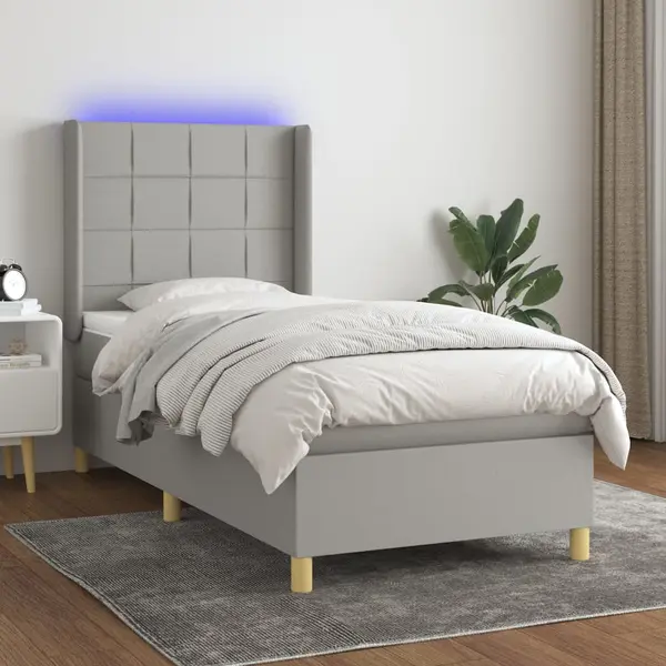 Gossi pat cu arcuri, saltea si led, gri deschis, 90x190 cm, textil