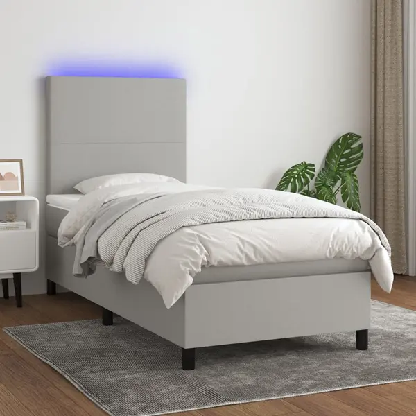 Gossi pat cu arcuri, saltea si led, gri deschis, 90x190 cm, textil