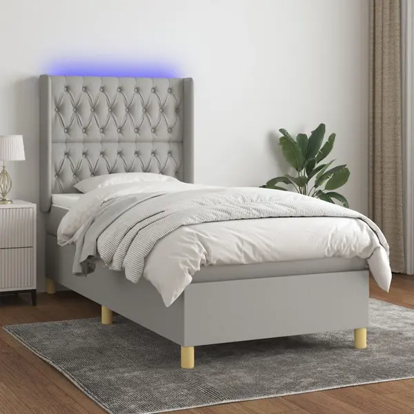Gossi pat cu arcuri, saltea si led, gri deschis, 90x190 cm, textil