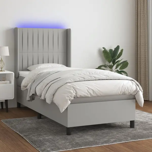 Gossi pat cu arcuri, saltea si led, gri deschis, 90x190 cm, textil