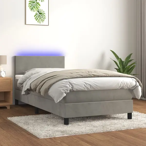 Gossi pat cu arcuri, saltea si led, gri deschis, 90x200 cm, catifea