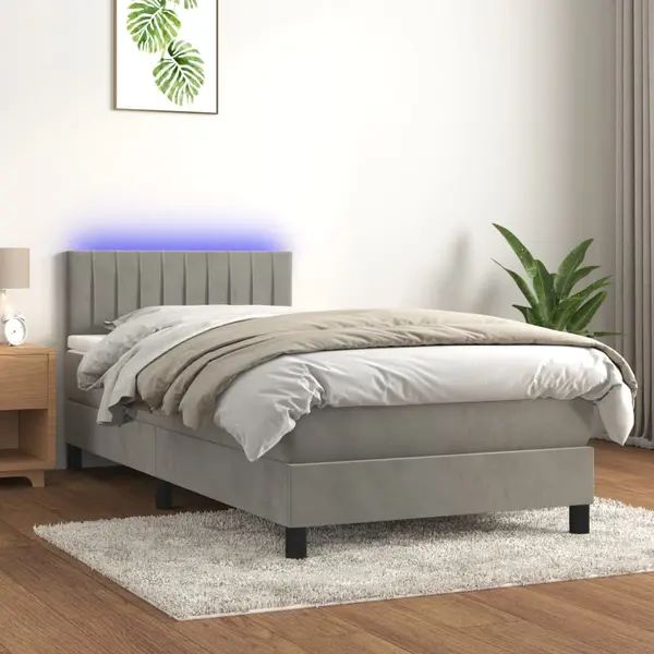 Gossi pat cu arcuri, saltea si led, gri deschis, 90x200 cm, catifea