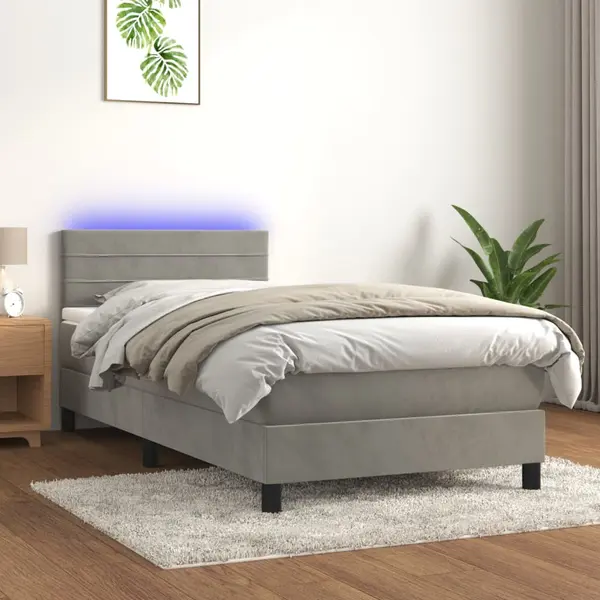 Gossi pat cu arcuri, saltea si led, gri deschis, 90x200 cm, catifea