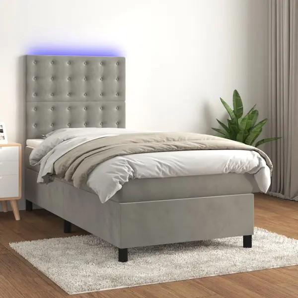 Gossi pat cu arcuri, saltea si led, gri deschis, 90x200 cm, catifea