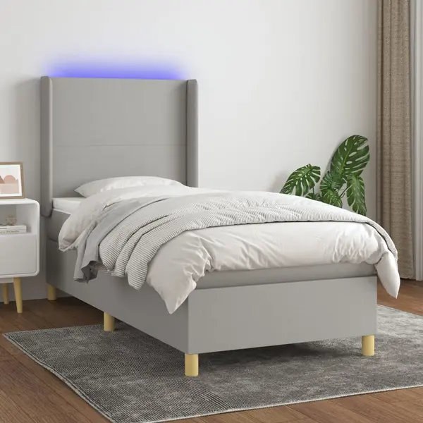 Gossi pat cu arcuri, saltea si led, gri deschis, 90x200 cm, textil