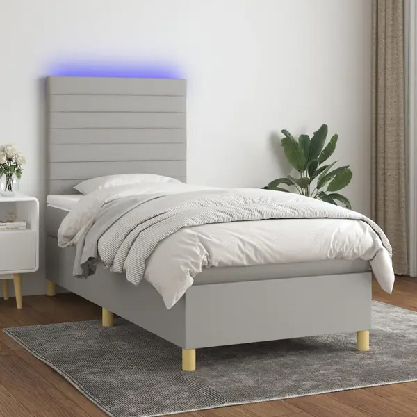 Gossi pat cu arcuri, saltea si led, gri deschis, 90x200 cm, textil