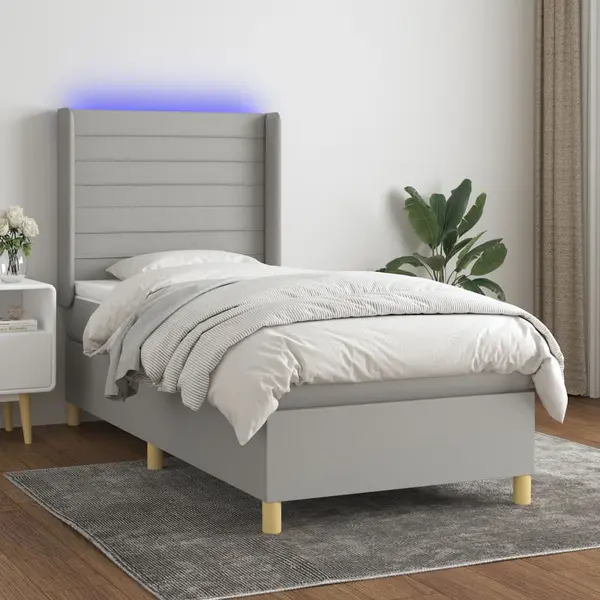 Gossi pat cu arcuri, saltea si led, gri deschis, 90x200 cm, textil