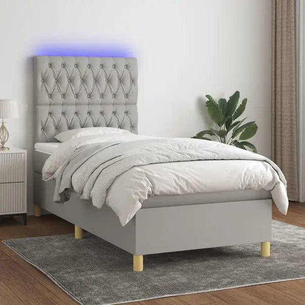 Gossi pat cu arcuri, saltea si led, gri deschis, 90x200 cm, textil