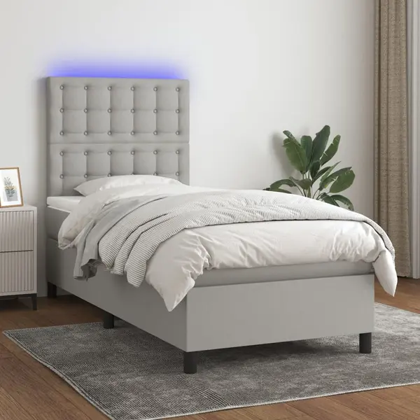 Gossi pat cu arcuri, saltea si led, gri deschis, 90x200 cm, textil
