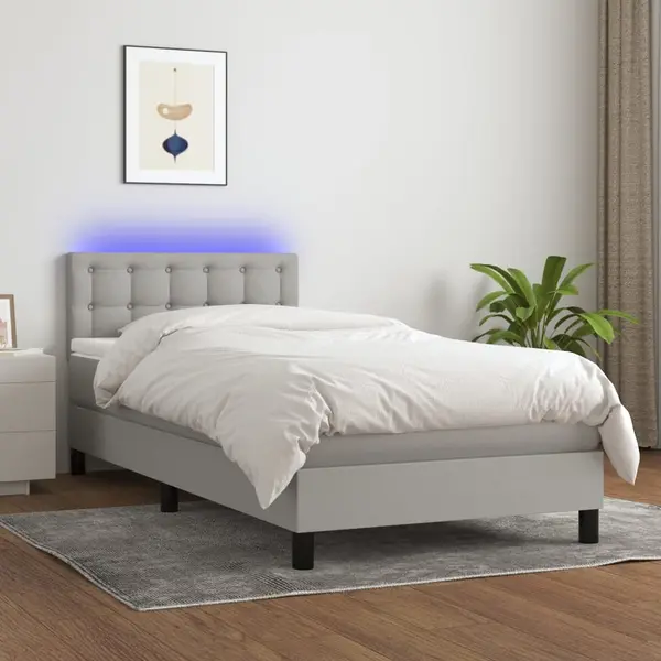 Gossi pat cu arcuri, saltea si led, gri deschis, 90x200 cm, textil