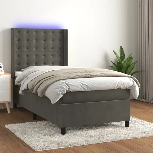 Gossi pat cu arcuri, saltea si led, gri inchis, 100x200 cm, catifea