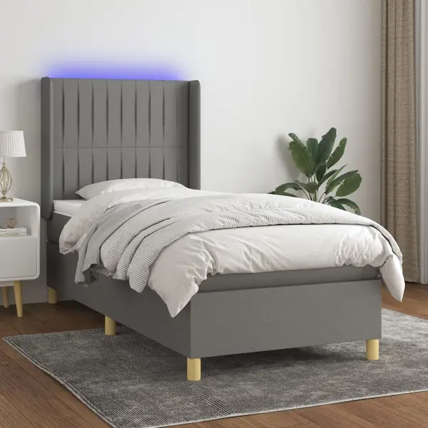 Gossi pat cu arcuri, saltea si led, gri inchis, 100x200 cm, textil