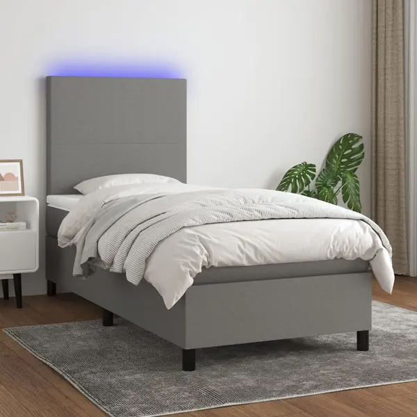 Gossi pat cu arcuri, saltea si led, gri inchis, 100x200 cm, textil