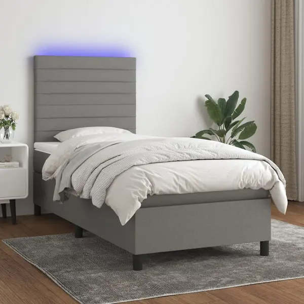 Gossi pat cu arcuri, saltea si led, gri inchis, 100x200 cm, textil
