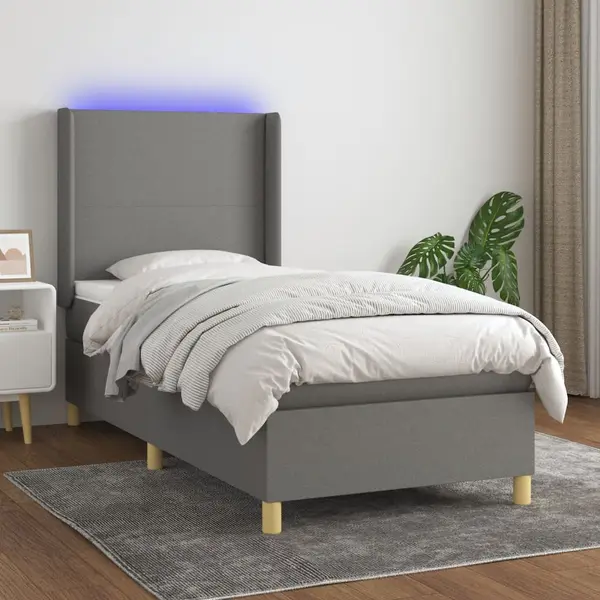 Gossi pat cu arcuri, saltea si led, gri inchis, 100x200 cm, textil