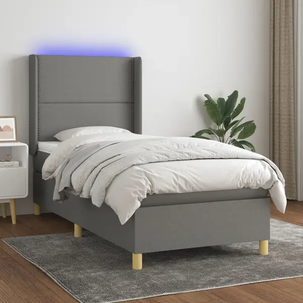 Gossi pat cu arcuri, saltea si led, gri inchis, 100x200 cm, textil