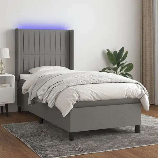 Gossi pat cu arcuri, saltea si led, gri inchis, 100x200 cm, textil