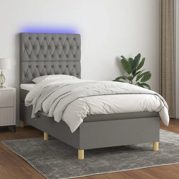 Gossi pat cu arcuri, saltea si led, gri inchis, 100x200 cm, textil