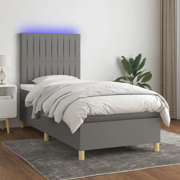 Gossi pat cu arcuri, saltea si led, gri inchis, 100x200 cm, textil