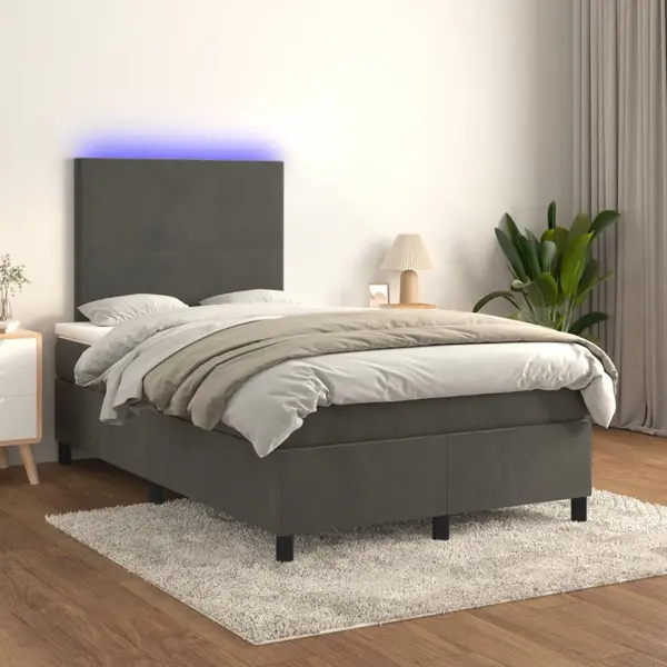 Gossi pat cu arcuri, saltea si led, gri inchis, 120x200 cm, catifea