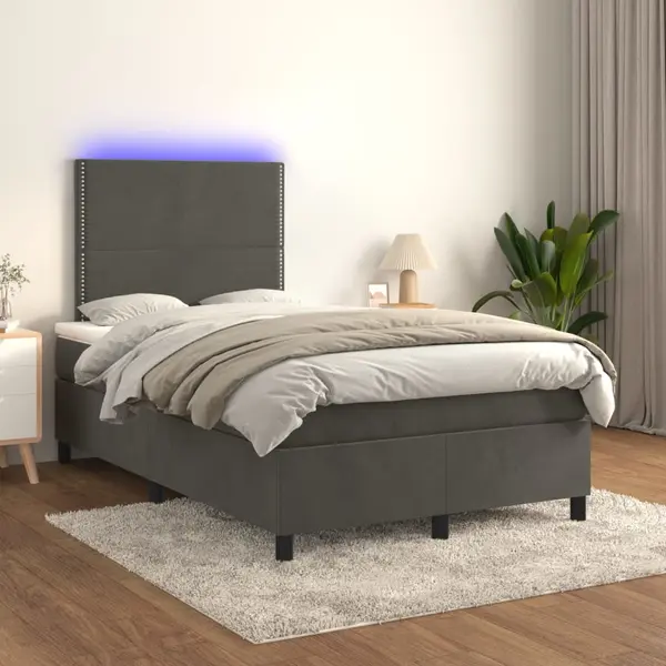 Gossi pat cu arcuri, saltea si led, gri inchis, 120x200 cm, catifea