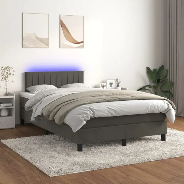 Gossi pat cu arcuri, saltea si led, gri inchis, 120x200 cm, catifea