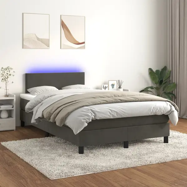 Gossi pat cu arcuri, saltea si led, gri inchis, 120x200 cm, catifea