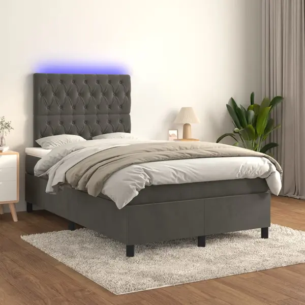 Gossi pat cu arcuri, saltea si led, gri inchis, 120x200 cm, catifea