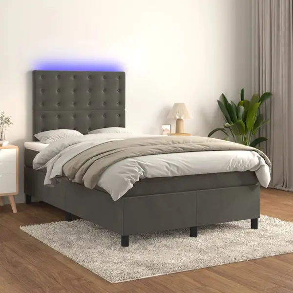 Gossi pat cu arcuri, saltea si led, gri inchis, 120x200 cm, catifea
