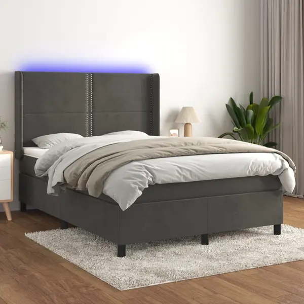 Gossi pat cu arcuri, saltea si led, gri inchis, 140x190 cm, catifea