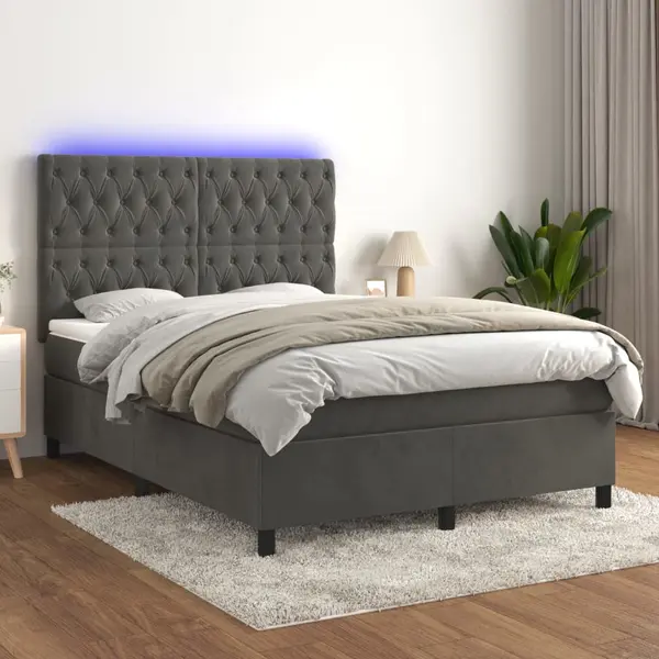 Gossi pat cu arcuri, saltea si led, gri inchis, 140x190 cm, catifea