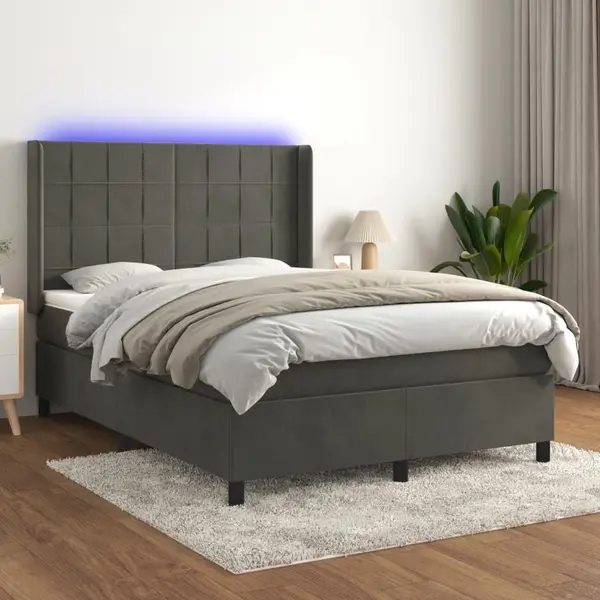 Gossi pat cu arcuri, saltea si led, gri inchis, 140x190 cm, catifea