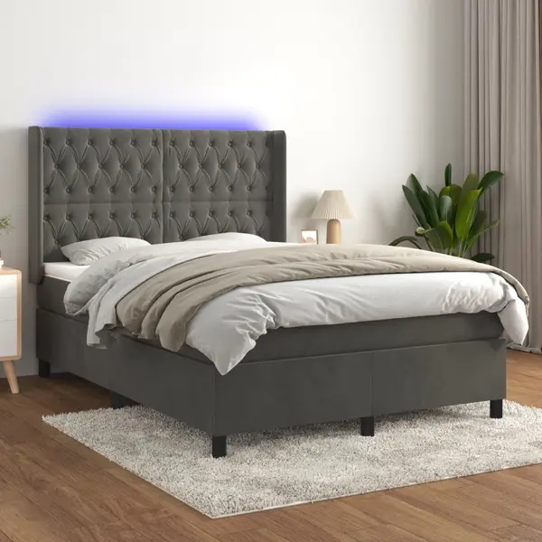 Gossi pat cu arcuri, saltea si led, gri inchis, 140x190 cm, catifea