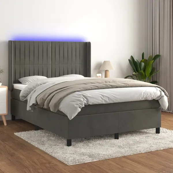 Gossi pat cu arcuri, saltea si led, gri inchis, 140x190 cm, catifea
