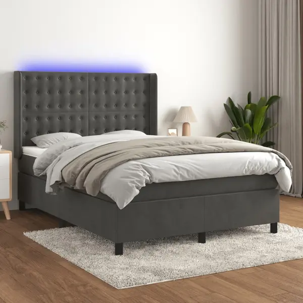 Gossi pat cu arcuri, saltea si led, gri inchis, 140x190 cm, catifea