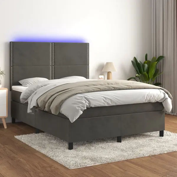 Gossi pat cu arcuri, saltea si led, gri inchis, 140x190 cm, catifea